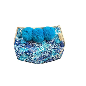 LILLY PULITZER Turquoise Oasis Pom‎ Pom Zipper Pouch Clutch NWOT